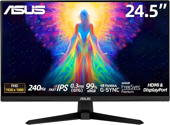 ASUS TUF 24.5" Gaming Monitor, FHD 1080p, Fast IPS, 240Hz, 0.3ms, AMD FreeSync Premium, G-SYNC Compatible, 99% sRGB, ELMB Sync, DisplayPort, HDMI, Eye Care, DisplayWidget, Gaming AI, Tilt Adjustment