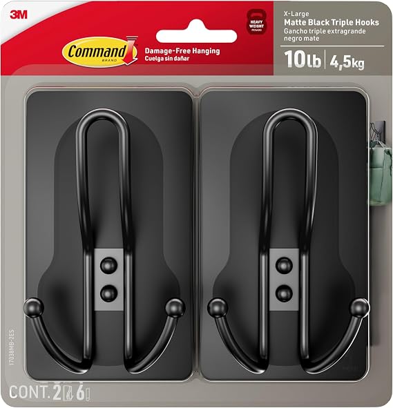 Command X-Large Black Triple Hooks, 2 Hooks, 6 Strips