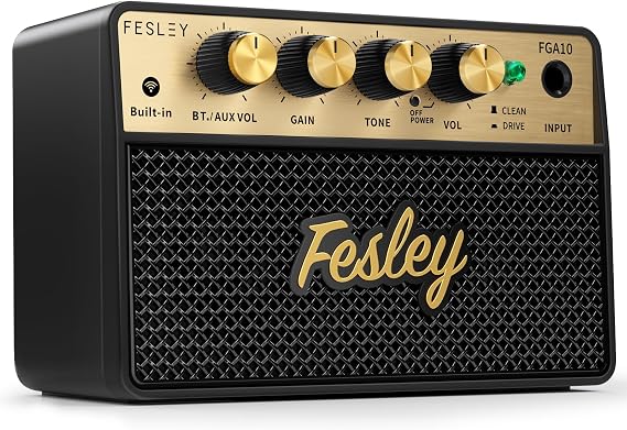 Fesley Mini Guitar Amp: 10W Portable Recharged Guitar Amplifier, Bluetooth Amp with Clean and Drive Channels, Mini Amplificador for Practice with 3.5mm Headphone Output, FGA10