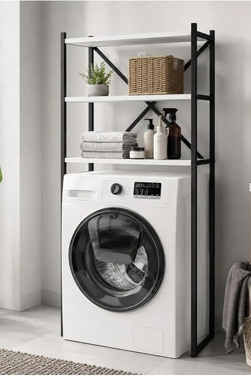 Braga Metal 3 Çamaşır Makinesi Üstü Düzenleyici Raf Banyo Dolap, Siyah - Beyaz, 162 × 70 cm