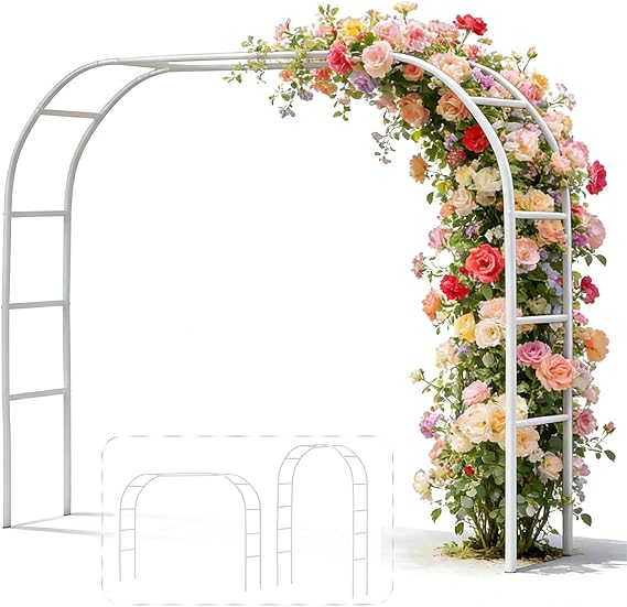 LeJoy Garden Metal Garden Arch Assembly 2 Sizes for Climbing Roses & Vines | 7.6 ft H x 4.6 ft W / 6.4 ft H x 7.6 ft W, White Arbor for Clematis, Passion Fruit; Wedding, Halloween, Christmas Decor