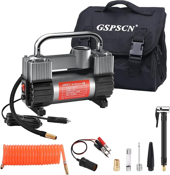 GSPSCN 12V Heavy Duty Tire Inflator Metal Portable Air Compressor Pump