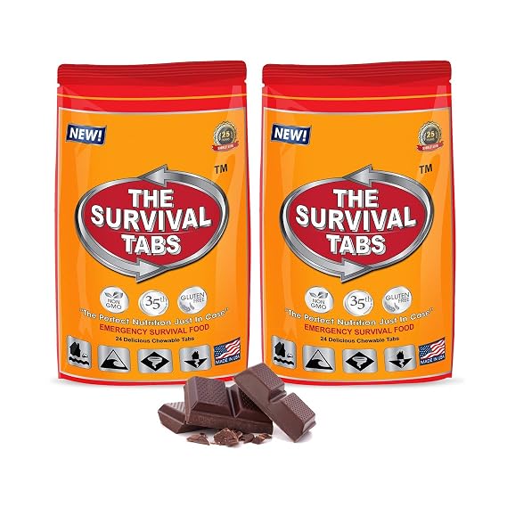 Survival Tabs Emergency Food Supply 24-Tab Chocolate Ration Pack, Vegan | Loaded with 15 key vitamins and minerals for everyday energy needs - fits neatly in backpacks, glove boxes, or pantry shelves