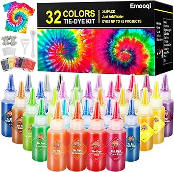 DIY Tie Dye Kits, Emooqi 32 Colours All-in-1 Tie Dye Set Contain 32 Bag Pigments, Rubber Bands, Gloves, Sealed Bag, Apron and Table Covers for Craft Arts Fabric Textile Party DIY Handmade Project
