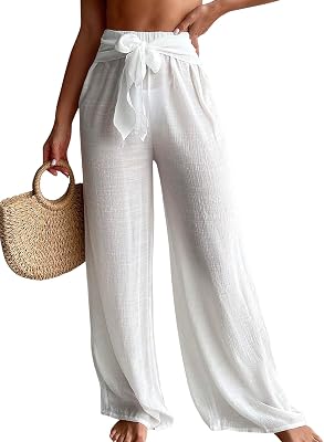 COZYEASE Womens Beach Cover Up Pants Mesh Tie Front Wide Leg Loose Bathing Suit Cover Up Beach Pants