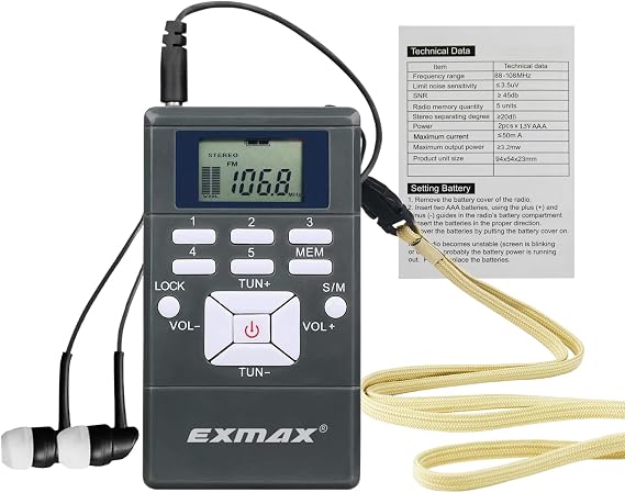 EXMAX E108 Wireless Stereo FM Radio Receiver - Portable Pocket Mini With Earbuds, LCD Clock for Translator Tour Guide System, Jogging, Running, Walking, Yardwork - Gray