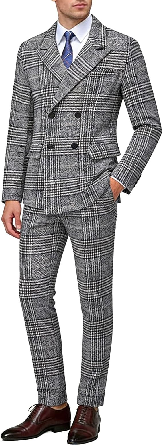 Men's Houndstooth and White Buffalo Plaid Houndstooth Blazer Pants 2 Pieces Set Double Breasted Suit Buttons Peak Lapel Prom