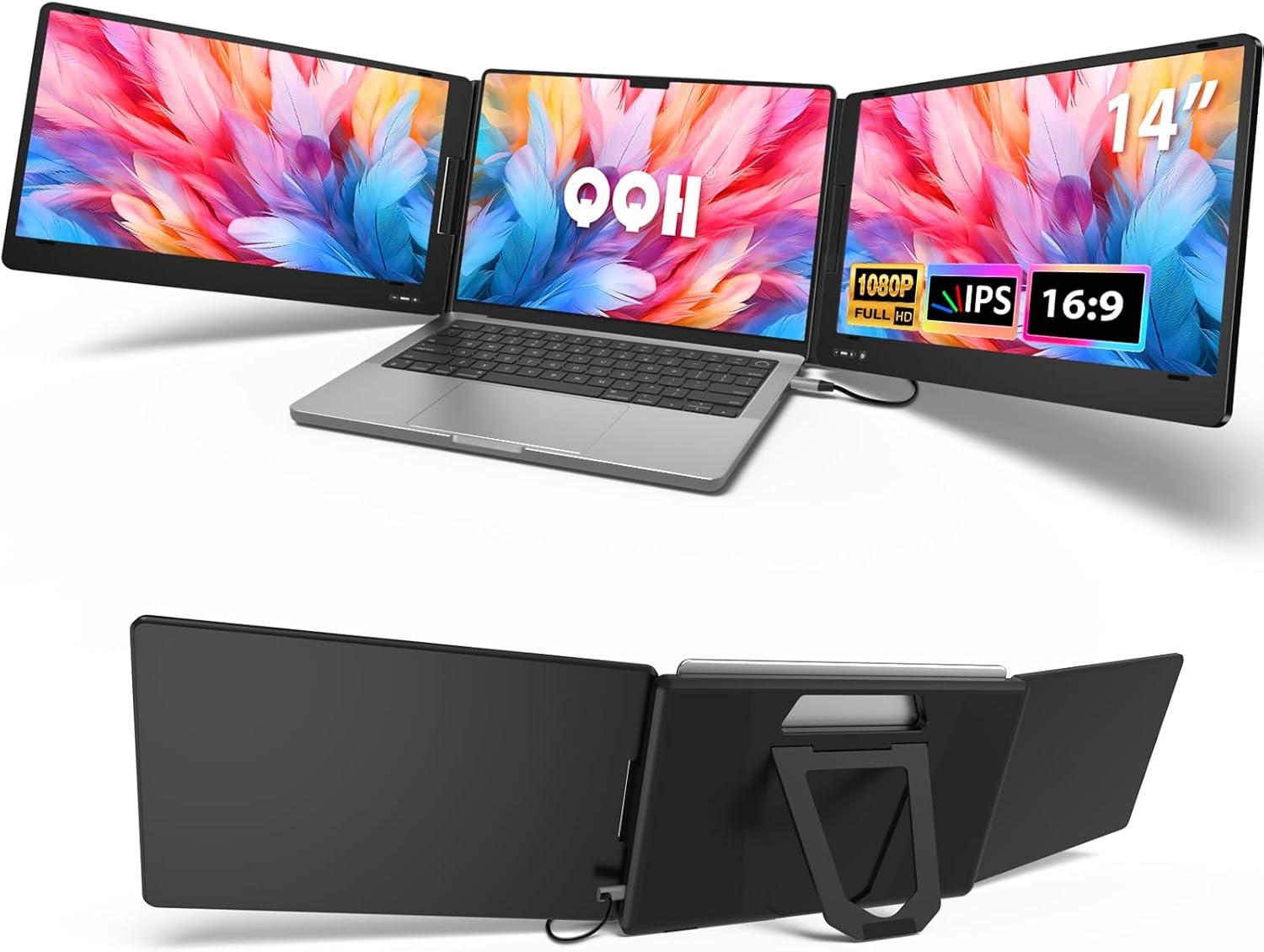 QQH Triple Portable Monitor, 14” 1080P Laptop Screen Extender, Only One USB-C Plug and Play Laptop Monitor Extender Compatible with MacOS, Wins, Android for 12-16” Laptops, Driver Needed
