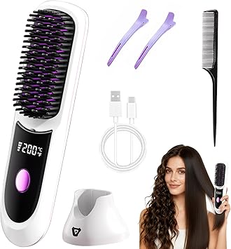 Go Brush Pro Hair Straightener, Cordless Hair Straightening Brush Portable Cordless Comb with Base Negative Ion Rechargeable Brush for Frizz-Free Shine Straightening, 6400mAh Fast Heating (White)