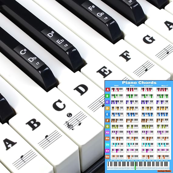 Piano Keyboard Stickers with Piano Chord Chart，for 88/61/54/49 Key,Note Labels for Beginners and Kids, Piano Notes Guide Piano Key Stickers for Learning, Easy to Install and Remove (Black)