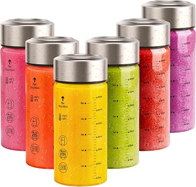 Sursip Glass Juice Bottles 6 Pack 12 oz Wide Mouth Borosilicate Glass Bottles with Lids Heat-Resistant, Leakproof, BPA Free, Reusable for Juicing, Smoothies, Milk, Protein Drinks, Water