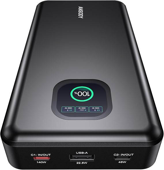 140W Laptop Power Bank, 25000mAh with TFT Smart Digital Display