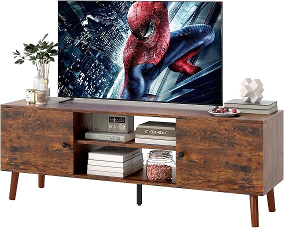 FDW TV Stand for 55 60 Inch TVs,Entertainment Center with 2 Storage Cabinets and Open Shelves, Modern Media Console Table for Living Room, Bedroom, Home Office,Brown