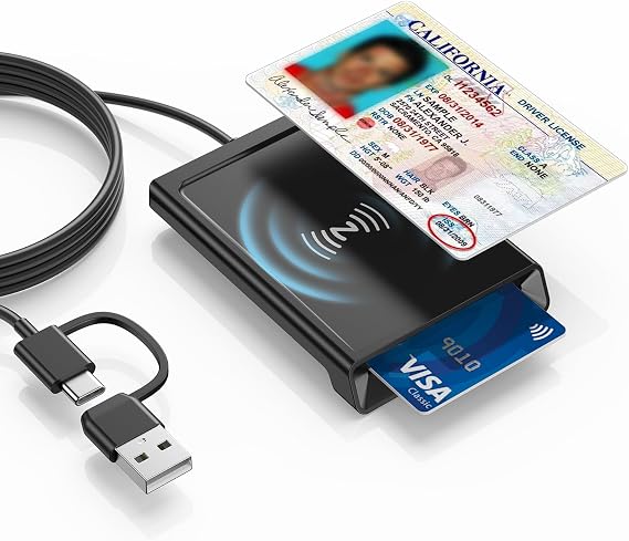 ID Card Reader 2-in-1 Smart Card & CAC Card Reader with USB-A/USB-C New ID Card Bank Cards and Smart Cards Compatible with Windows Mac and Linux