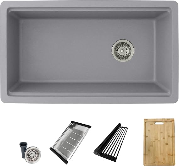 Stylish 32 x 18 Inch Composite Granite Workstation Kitchen Sink, Single Bowl Under Mount & Drop in, 9.5 in Deep, with Cutting Board, Roll-Up Drying Rack, Colander & Strainer, Grey, S-832WL