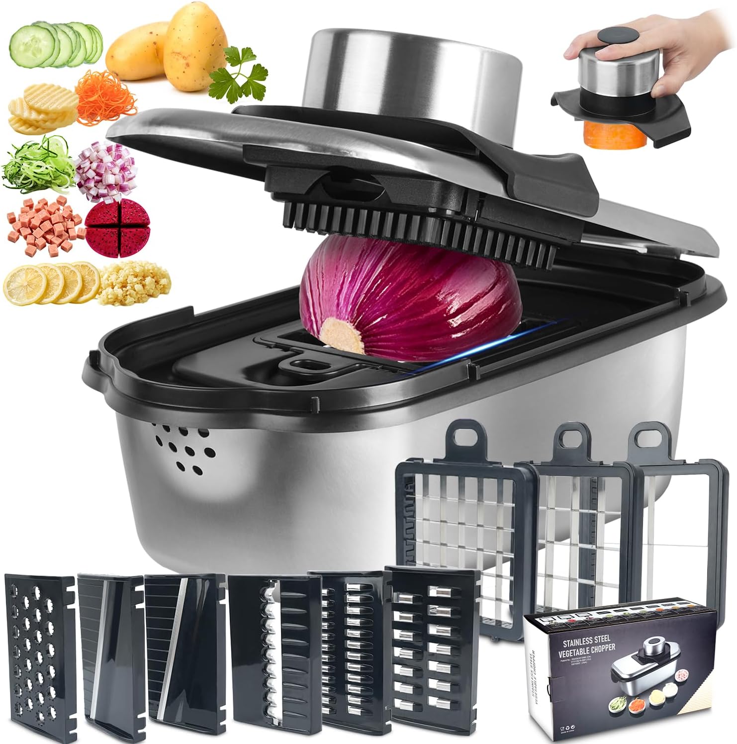 2L Kitchen Mandoline Vegetable Slicer 304 Stainless Steel, Vegetable Chopper Vegetable Cutter - Salad Chopper Veggie Onion Salad Food Chopper Ktchen Gadgets & Cheese Grater, 9-in-1 Black