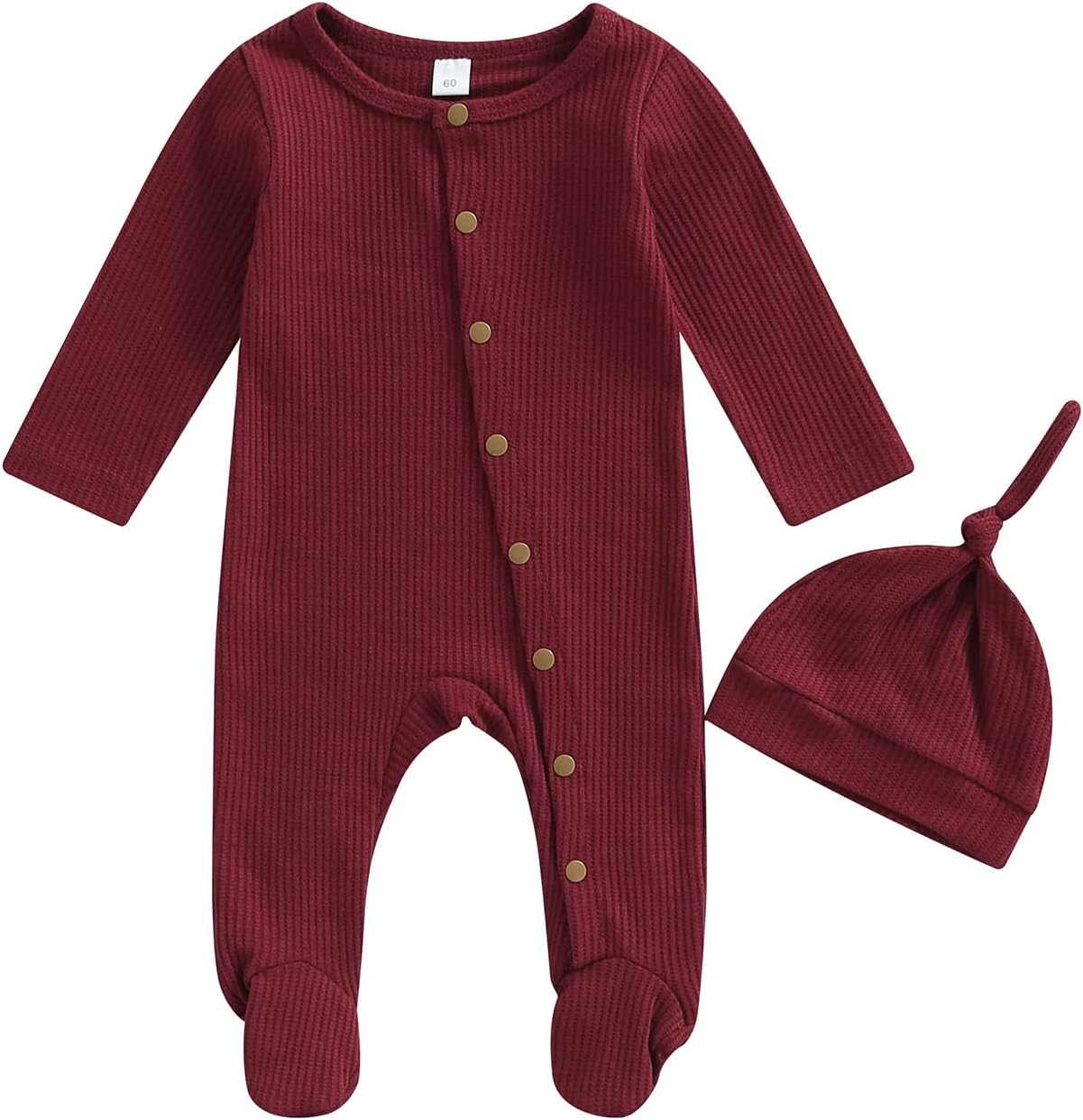 Newborn Infant Baby Boy Girl Fall Winter Clothes Long Sleeve Button Waffle Knit Footed Romper Hat 2Pcs Outfit