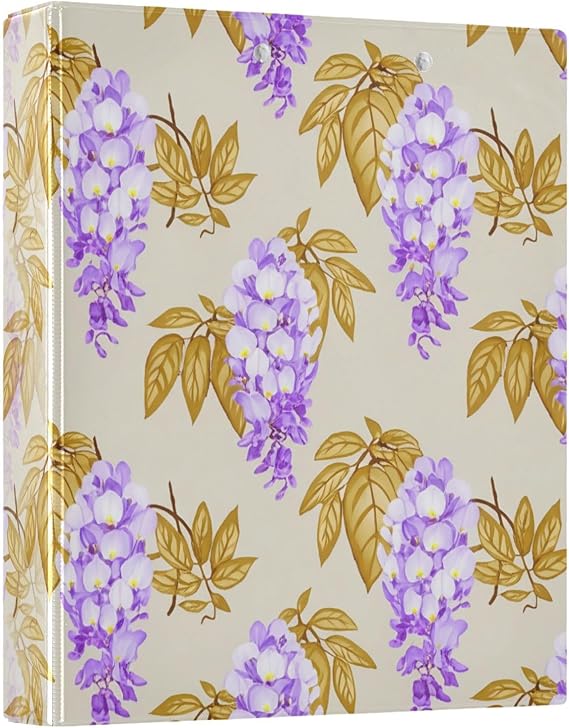 Purple Flowers Golden Leaf 3 Ring Binder, 1.5 Inch Round Rings to Hold 200 Sheets, Heavy Duty 3 Ring Binder with Clipboard for Home Office Supplies