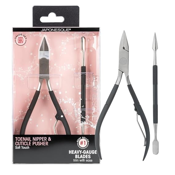 JAPONESQUE Soft Touch Toenail Clipper & Cuticle Pusher Manicure Set for Salon Quality Results, Anti-Slip Grip, Stainless Steel