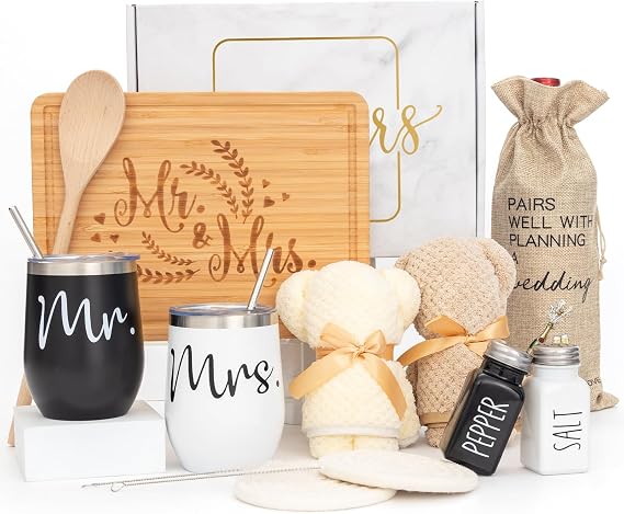 Wedding Gifts for Couple (11 Piece Set), Cool Engagement Baskets for Newlywed, Unique Mr and Mrs Box for Bride and Groom, Bridal Shower Gift for Bride To Be, His and Hers, Just Married