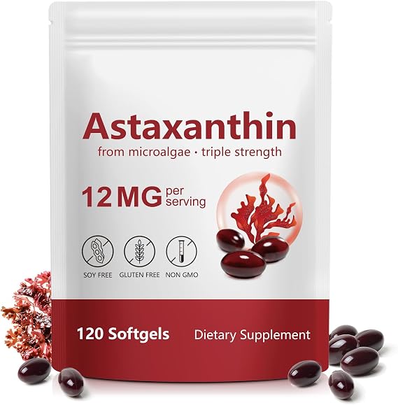 Astaxanthin 12mg, Natural Astaxanthin Supplement, Supports Eye, Skin, Joint, Brain, Heart & Immune System Health, Non-GMO, Gluten Free 120 Count
