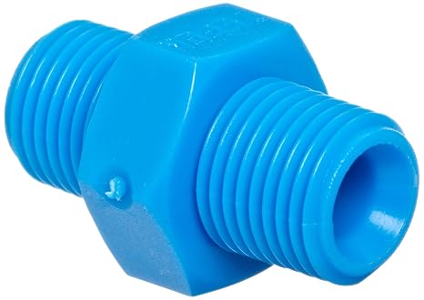 Tefen Nylon 6/6 Pipe Fitting, Hex Nipple, Blue, 1/4" x 1/8" BSPT Male (Pack of 10)