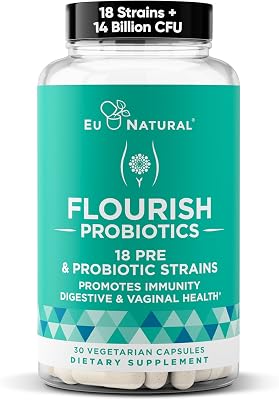Flourish Probiotics  Prebiotics for Women Gut and Digestion, Urinary Tract, Reduce Bloating, Vaginal Health 18 Clinically Proven Strains, 14 Billion CFU 30 Shelf-Stable Mini Vegan Capsules