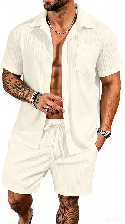 Men's Short Sets 2 Piece Summer Beach Outfits Button Down Texture Pocket Shirts and Shorts Linen Sets