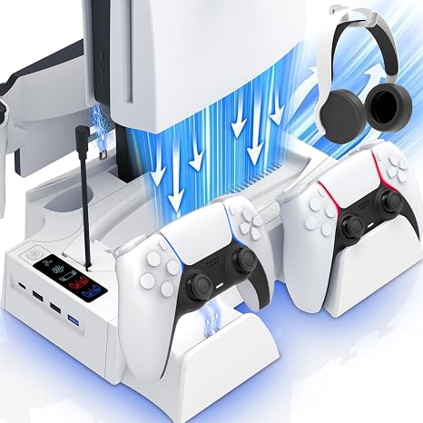 PS5 / PS5 Slim Cooling Station with PlayStation Portal and Controller Charging Station, Cooling Stand for PlayStation 5, PS 5 Portal Charger Dock Accessories with Cooler Fan, Headset Holder, 4 USB Hub