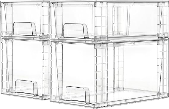 Vtopmart 4 Pack Clear Stackable Storage Drawers, Easy to Assemble Bathroom Organizers with Handles, Plastic Kitchen Pantry, Cabinet, and Under Sink Organization
