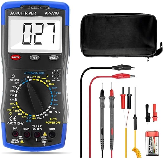 Digital Multimeter Automotive Engine Analyzer 3-1/2 Manual Ranging 20A DMM | AP-770J RPM Tachometer, Dwell Angle Meter, NCV Voltage Detector, Temperature Tester, Backlight & Auto Power Off