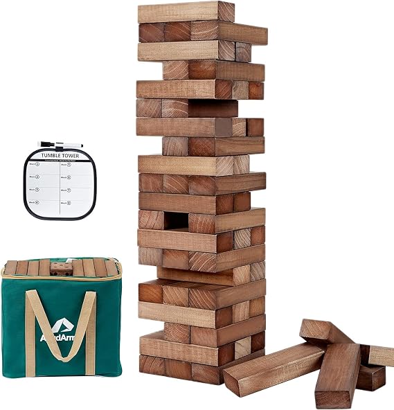 ApudArmis Giant Tumble Tower, 60 PCS Wooden Stacking Game 5FT Lawn Game | Has scoreboard, dice & bag. Non-toxic NZ pine, crack-resistant. Smooth edges. Perfect backyard tailgating BBQ family game