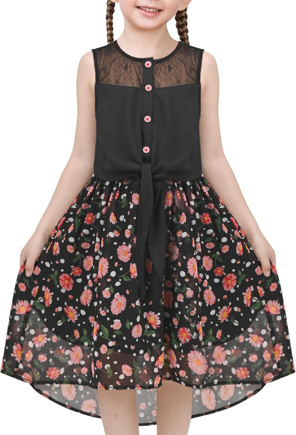 Sunny Fashion Girls Dress Lace to Chiffon Striped Black White Tied Waist Age 7-14 Years