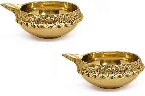 SATVIK Set of 2 - Pure Brass Kuber Diya for Diwali Decoration | Traditional Puja Oil Lamp for Home Temple | Brass Diya for Diwali Pooja & Festive Use
