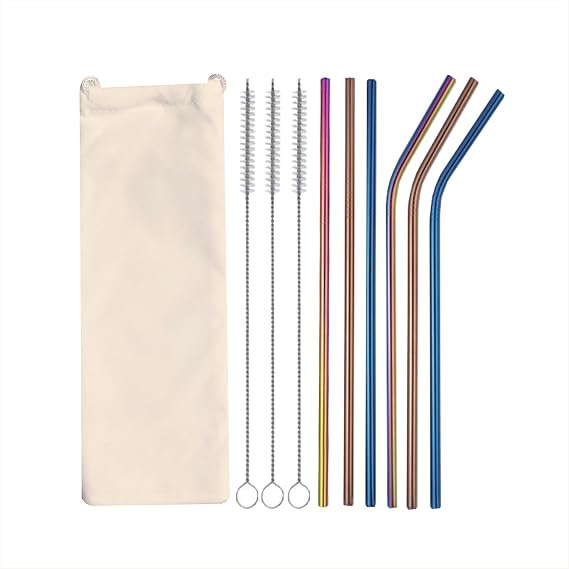 Stainless steel color straws, food grade metal, color, cold and hot drinking food grade, 1 portable bag, 3 direct, 3 curved and 3 cleaning brushes (colour)