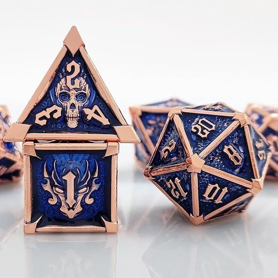ORUZA DND Metal Dice Set, 7 PCS Polyhedral Dice Set D&D Metal Skull Craved Dice for Dungeons and Dragons RPG MTG Pathfinder Role Playing Tabletop Games (Coppery & Blue)