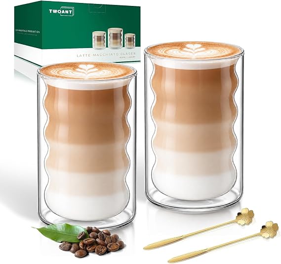 twoant Double Walled Coffee Glasses Mugs 2x400ml Cappuccino Latte Macchiato Glasses Cups with 2 Spoons Borosilicate Heat Resistant Glass Cup for Coffee Tea Milk Juice Ice Cream