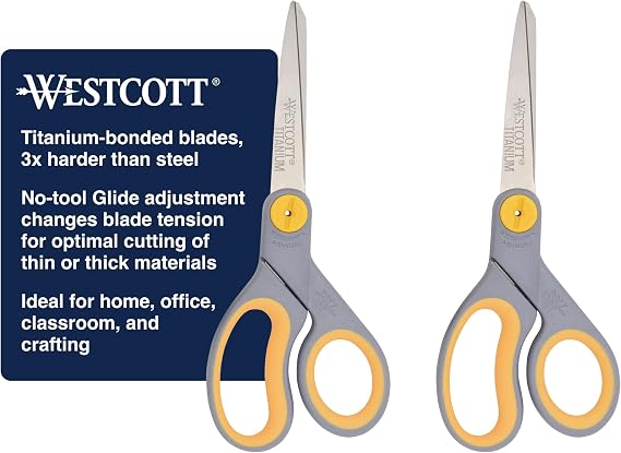 Westcott 8 Titanium Bonded Scissors with Adjustable Glide and Soft Handle, 2-Pack- Durable Multipurpose Scissors for Office, Home, and School Use, Sharp Precision Blades for Everyday Cutting