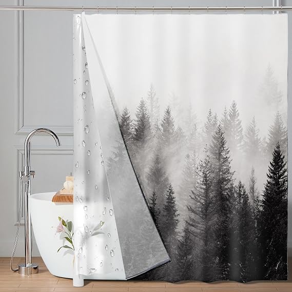 ORTIGIA 3 in 1 Waterproof Shower Curtain and Clear PEVA Liner Set with 12 Double Sided Metal Hooks, Black and White Misty Forest Tree Shower Curtains for Bathroom - 72 Wx72 L