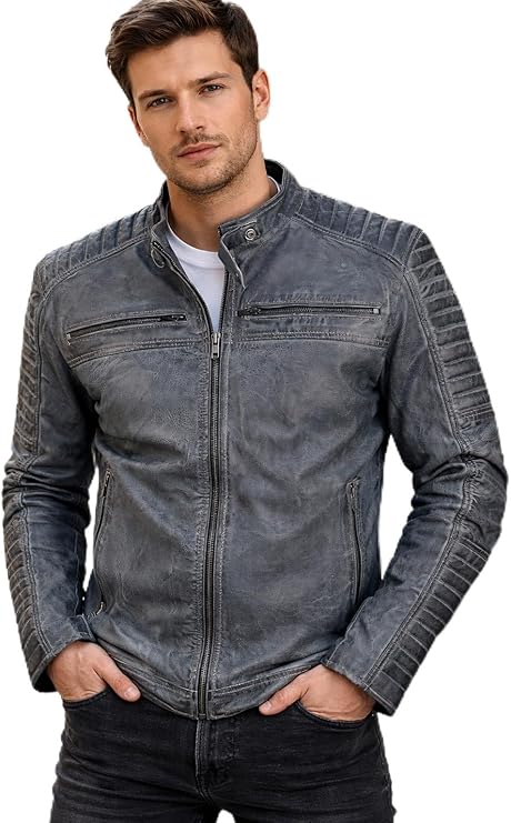 FAPA Men's Real Leather Jacket - Biker Jacket with Stand-Up Collar Motorcycle & Leisure Jacket for Men Transition Jacket Black Brown Grey