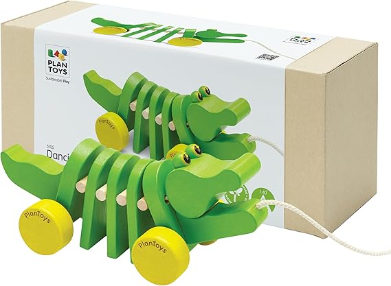 PlanToys Dancing Alligator Pull Toy for Toddlers | Eco-Friendly Wood Toy with Click-Clack Sound | Walking Toy for Babies | sound motion, toddler pull toys, animal design, girls, boys, gross motor cause & effect early learning gift for kids idea