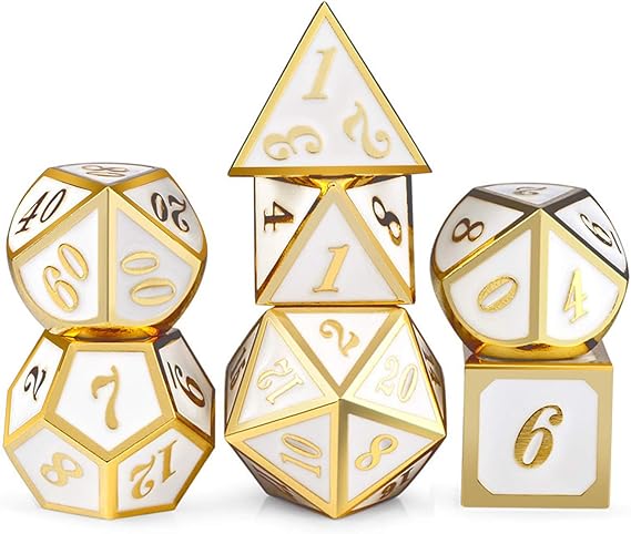 ORUZA DND Metal Dice Set, 7 PCS Gold Trimmed White Polyhedral Dice Set D&D Metal Dice for Dungeons and Dragons RPG MTG Pathfinder Role Playing Tabletop Games Dice