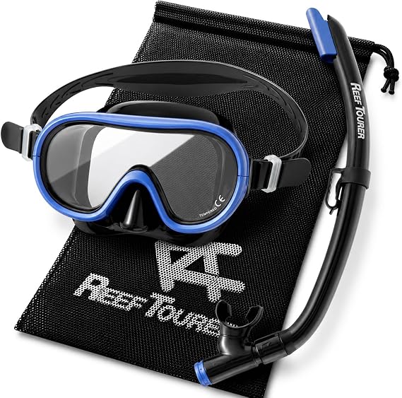 Exclusive Reef Tourer Mesh Bag Included Snorkeling Set For Adults and Children Ages 10 and Up/Children Ages 4-9 Panoramic Wide-View Snorkeling Mask + Wave Guard Snorkel RC0105