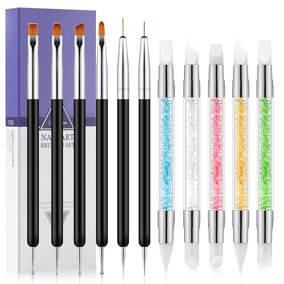 Nail Art Sculpture Pen,11Pcs Nail Art Brush Set, Black | Includes liner brushes, flat brushes, dotting pens & dual silicone-tip tools, for carving, dotting, and 3D nail art effects