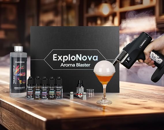 Aroma Blaster Cocktail Bubble Smoke Gun, with 5-Flavour Aroma Oil and Edible Bubble for Food and Drink, Bar/Restaurant/Home Dinner, Bourbon, Coffee, Pizza, Meat, Gifts for Father/Husband