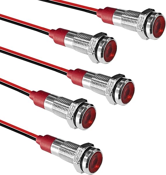 5PCS 6MM 1/4" LED Indicator Light, AC/DC 12-24V Waterproof IP66 Metal Signal Lamp, Metal Indicator with 145mm Wire, Automotive LED Indicator Light Replacement for Cars Trucks Boats (Red)
