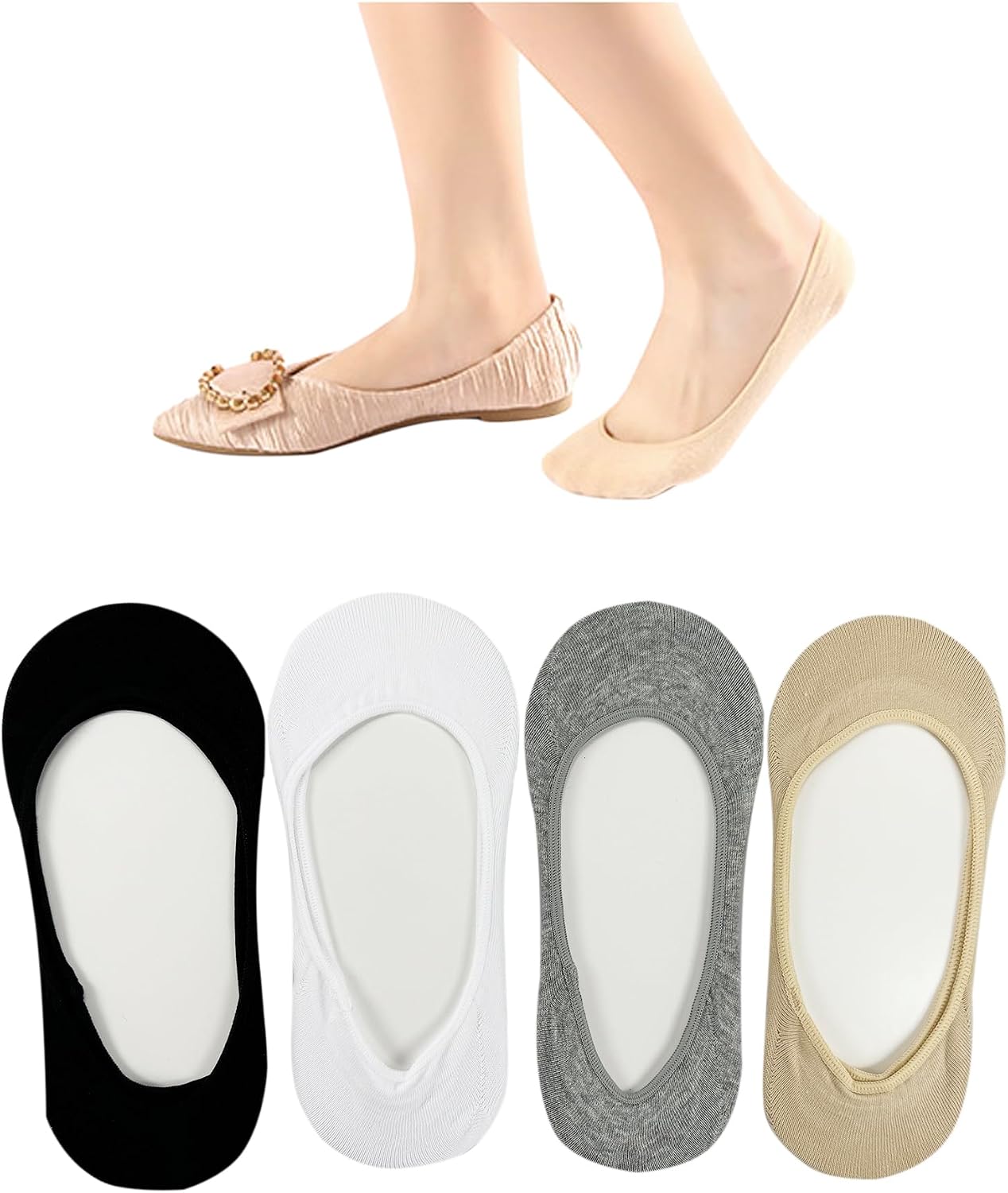 Bestjybt No Show Socks Women Ultra Low Cut Socks Cotton Seamless Non Slip Invisible Liner Footies for Flats 4 Pairs
