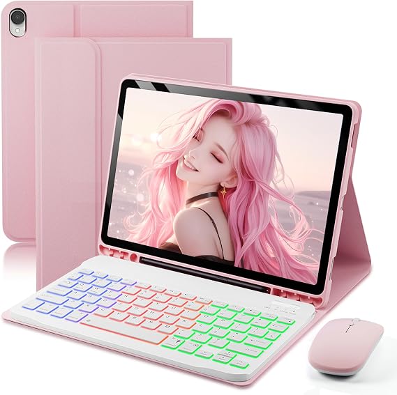 Keyboard Case for Samsung Galaxy Tab S11-11 inch 2025 Cover (SM-X730, SM-X736, SM-X736B)- 7 Color Rainbow Change Backlit Detachable Magnetic Keyboard with S Pen Holder with Mouse - Pink