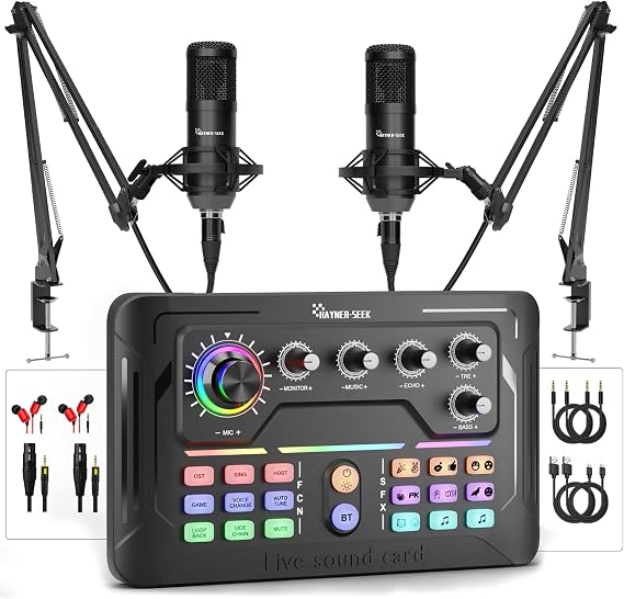 Podcast Equipment Bundle 2 Pieces Audio Mixer with 3.5mm Podcast Microphone Voice Change DJ Mixer for Live Streaming Singing Game P900