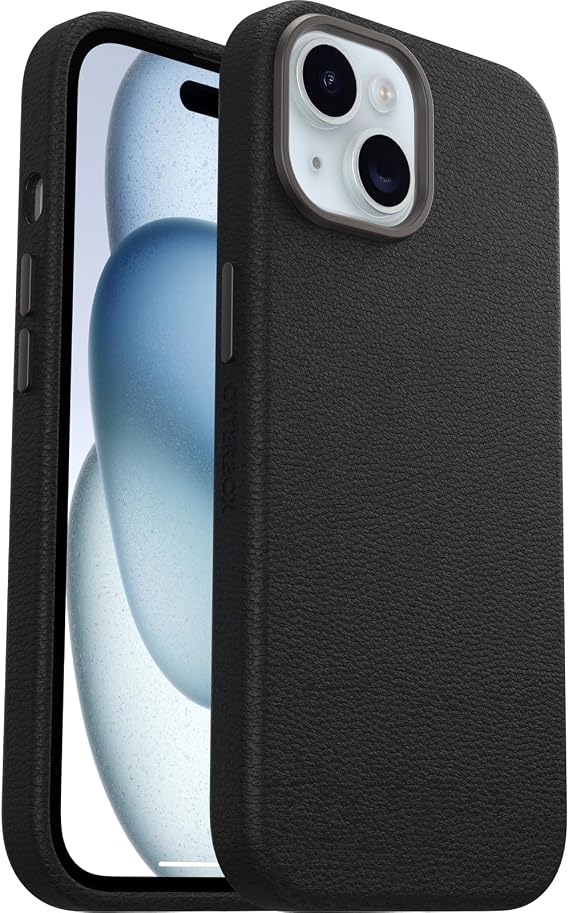 OtterBox Symmetry Series Cactus Leather MagSafe Case for iPhone 15, Shockproof, Drop Resistant, Thin Protective Case, 3 x More Falls According to Military Standards, Black